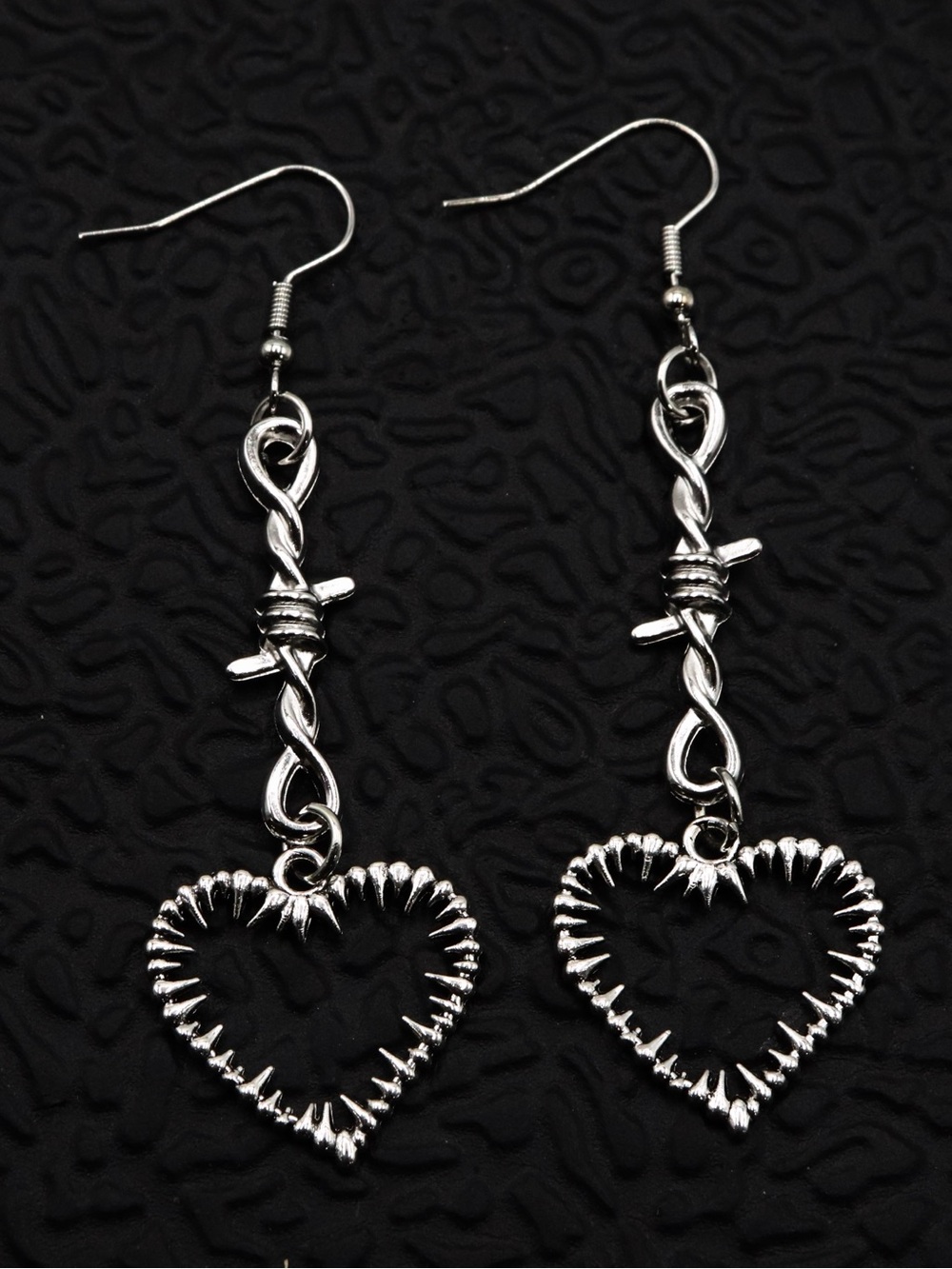 Silver Heart Dangle Earrings with barbed Wire Detail - Women Jewelry